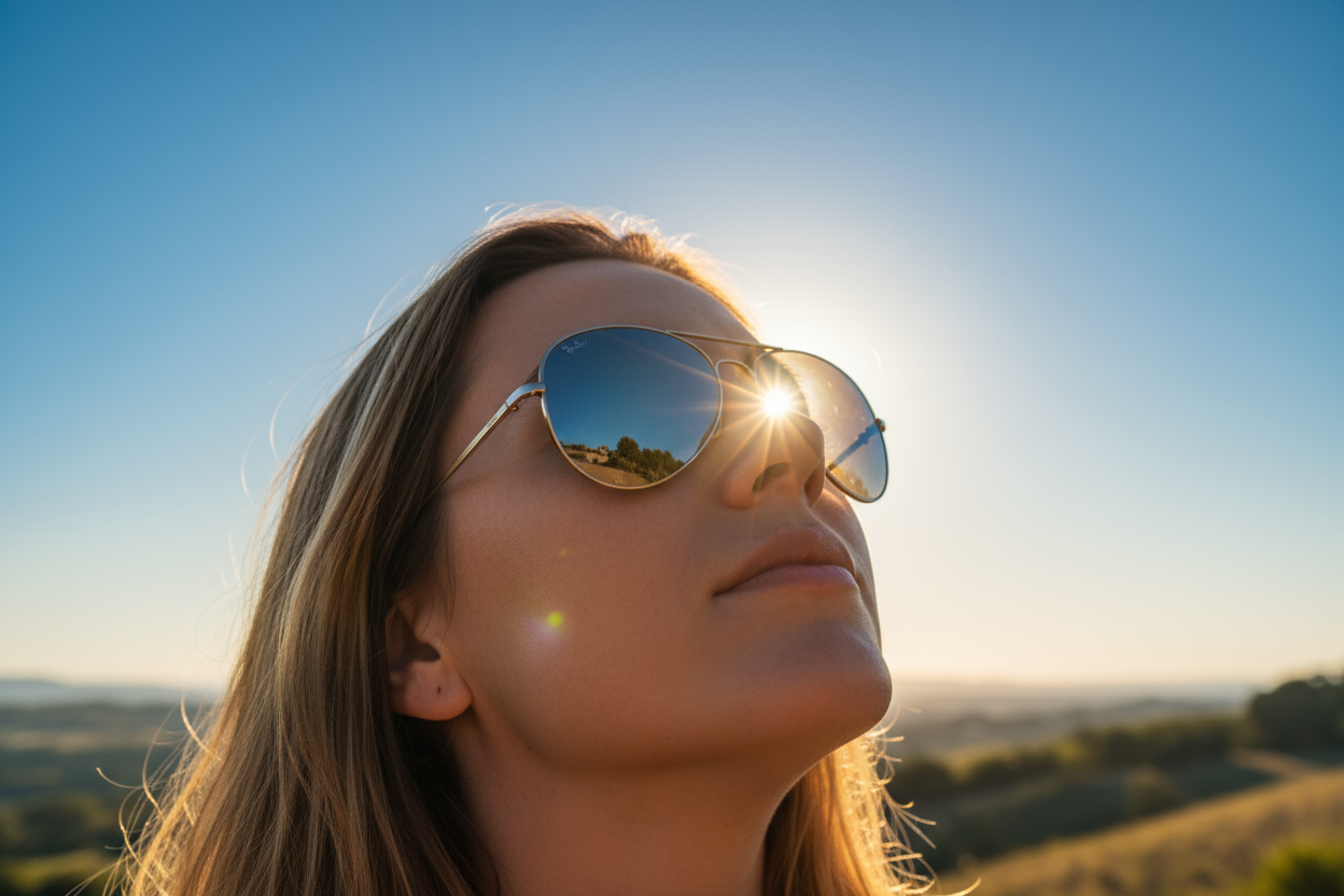 ihmisestä kuva joka katsoo aurinkoa aurinkolaseilla